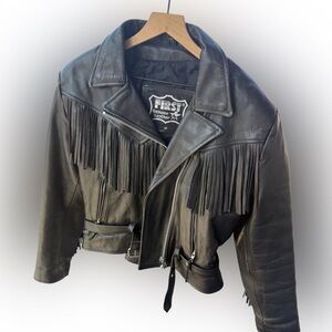 Women's Black Leather belted buckle Fringe Jacket moto genuine soft real cowhide
